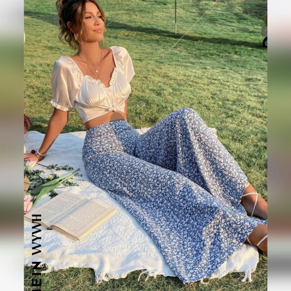 SHEIN Wide Leg Palazzo Pant Large Ditsy Floral Print Blue NWOT High Waist - Picture 3 of 12